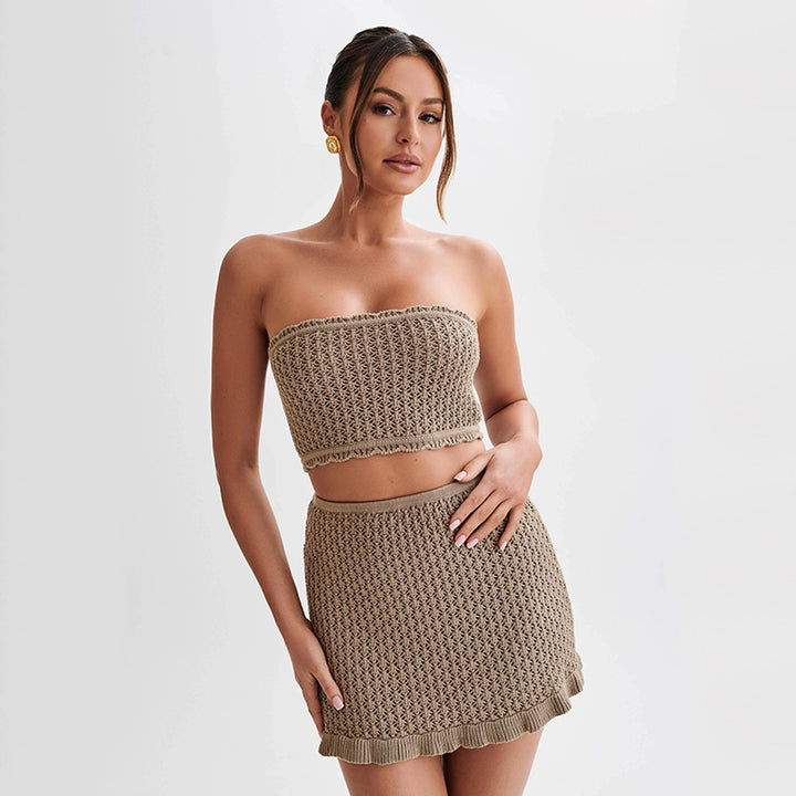 Dame Strik-Bandeau Top med matchende Nederdel Stilla