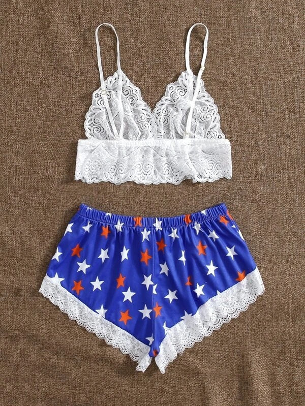 Dame-spids-Bralette og stjernetrykt shorts-sæt Stilla