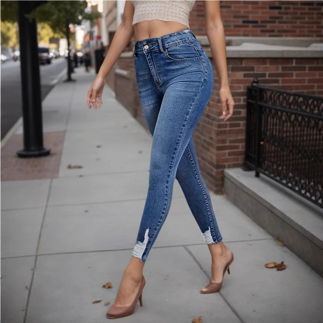 Dame High-Waist Destroyed Skinny Jeans med rå kant Stilla