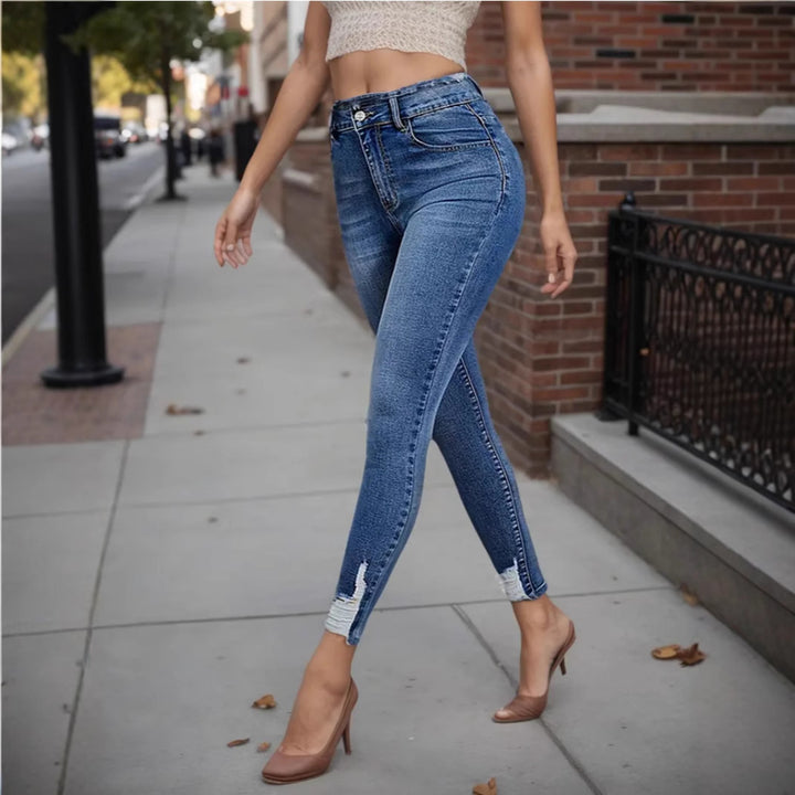 Dame High-Waist Destroyed Skinny Jeans med rå kant Stilla