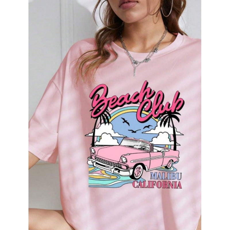 Dame T-shirt med afslappet grafikdesign og inspirerende Beach Club motiv Stilla