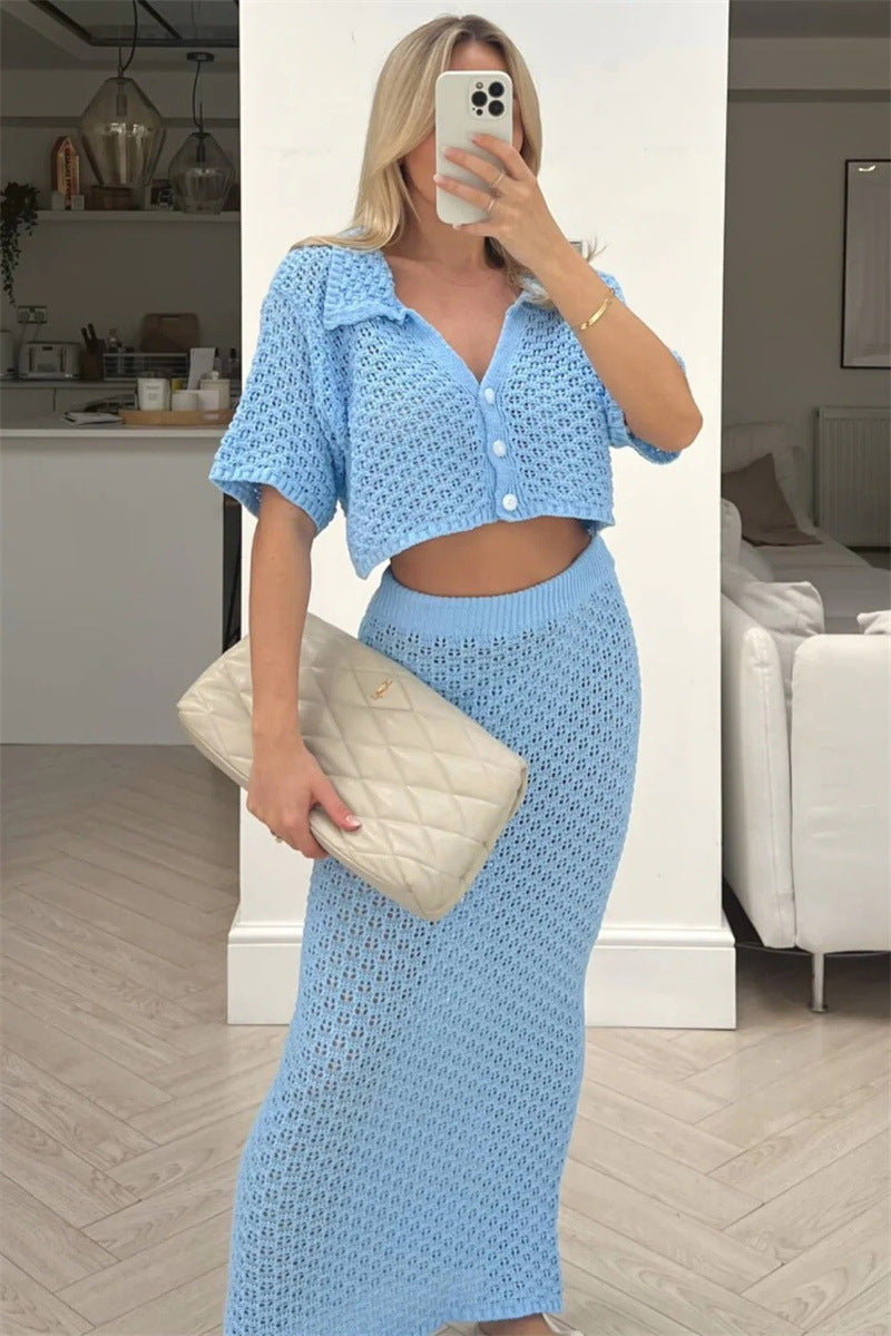 Dame hæklede strandlook med crop-top og maxiskørt Stilla