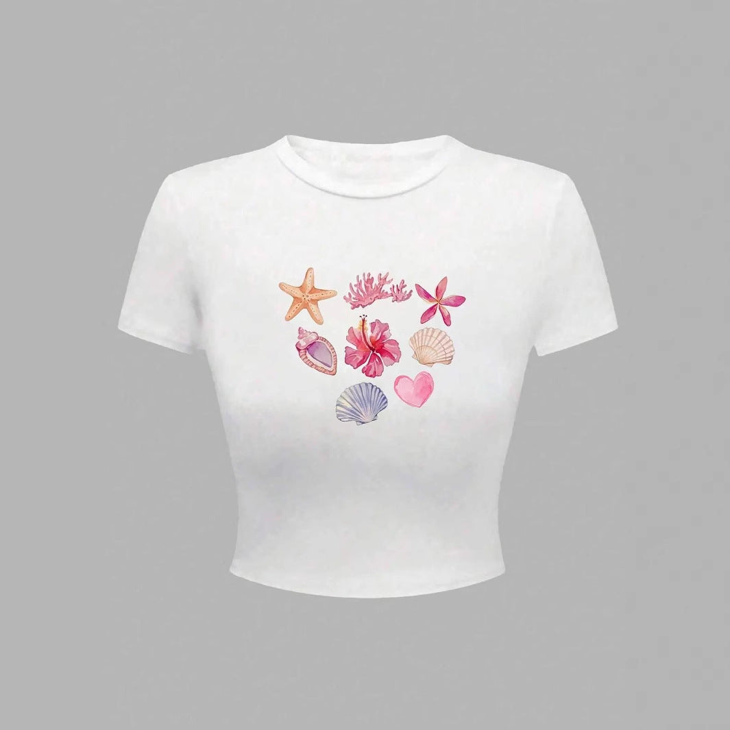Dame Crop-T-Shirt med maritimt tryk Skovae