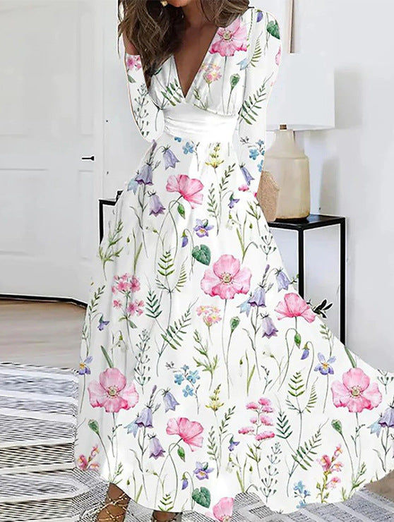 Dame Maxikjole med blomstret design og V-udskæring Stilla