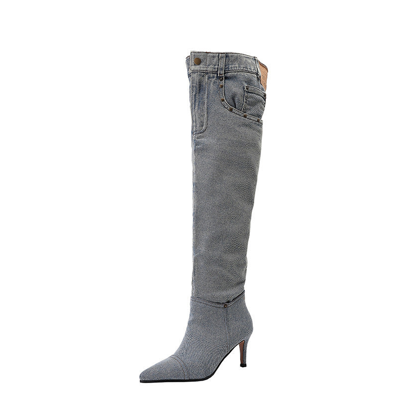Femme Over-knæet Denim Stiletto Støvler Stilla