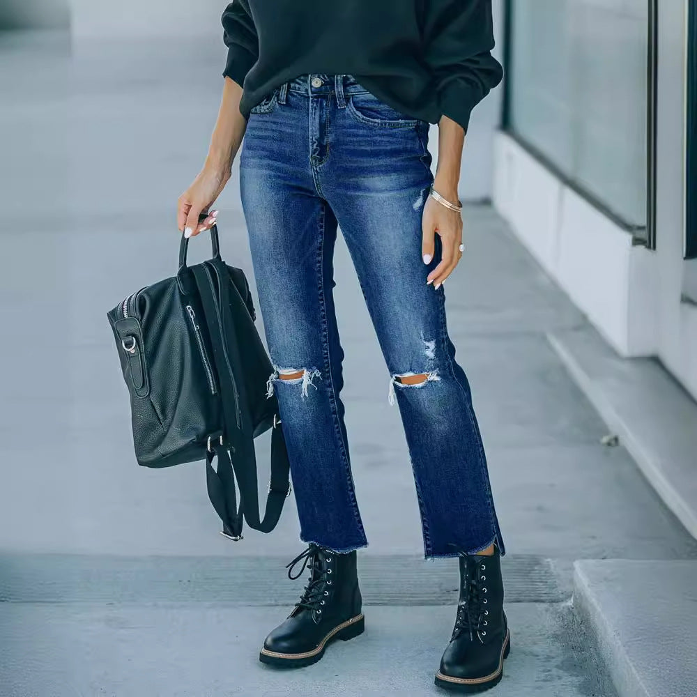 Dame Ripped Høj talje Jeans i trendy Vintage-stil Stilla