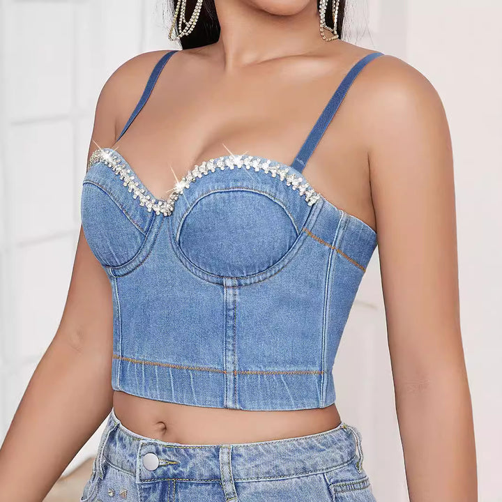 Dame figursyet Denim-Crop-Top med strassbesat Bustier-design Stilla