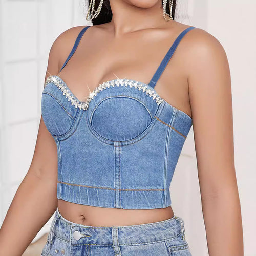 Dame figursyet Denim-Crop-Top med strassbesat Bustier-design Stilla