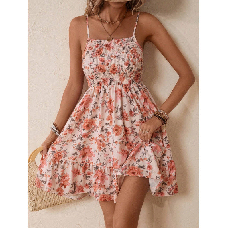 Dame Floral Print A-linje Mini Kjole med rynket Overdel Stilla