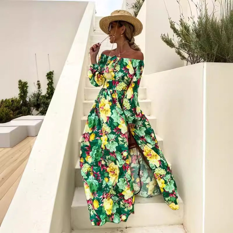 Dame Off-Shoulder Blomster Maxi Kjole med elegante Flæsedetaljer Stilla