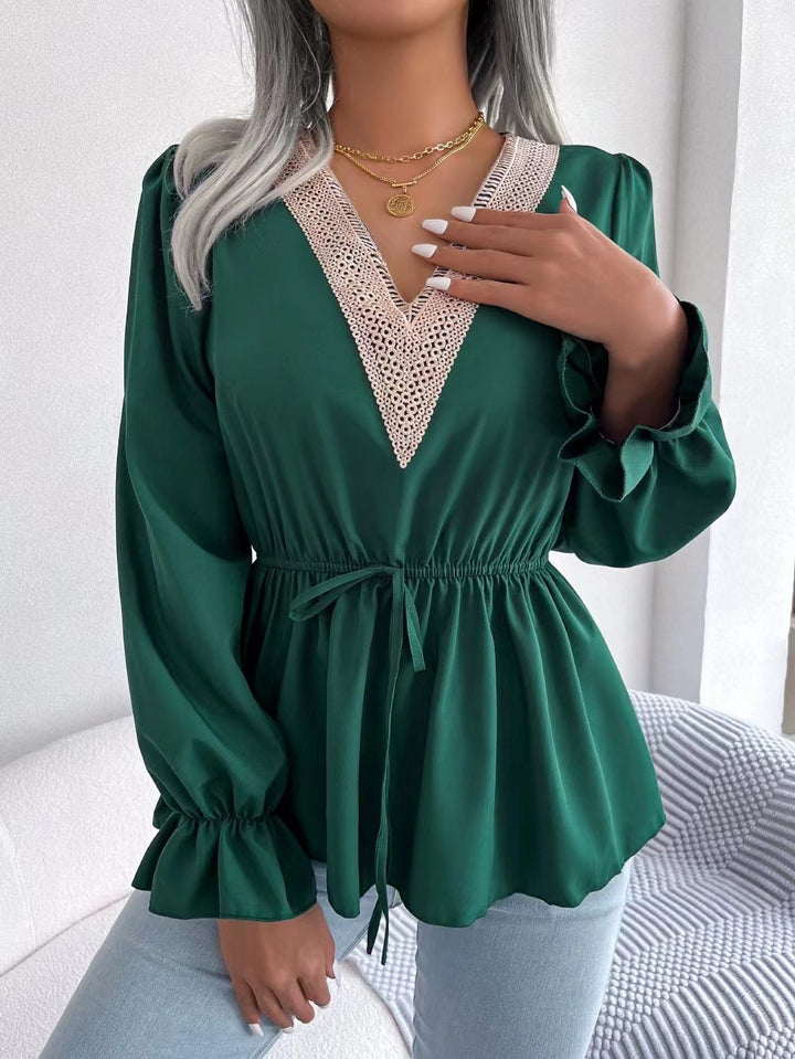 Dame Elegant V-Udsnit Bluse med Spidsedekoration Stilla