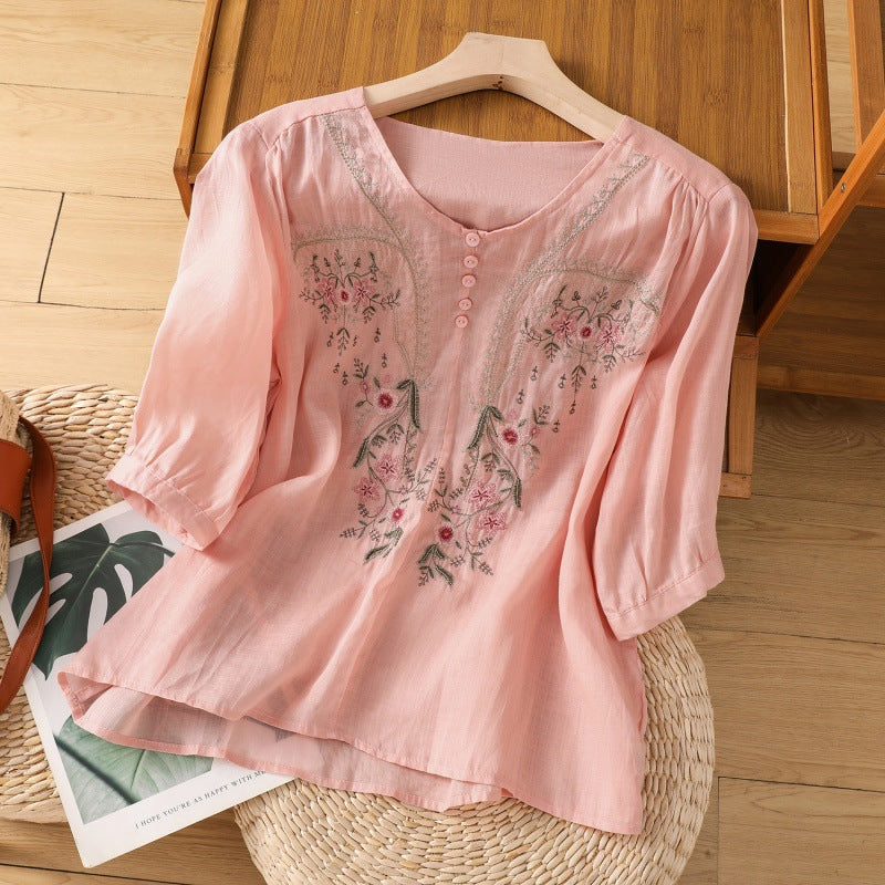 Dame bluse shirt med blomsterbroderi og knapbart udkant Stilla