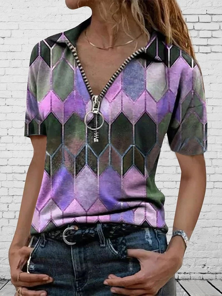 Dame mode kortærmet T-shirt med lynlås og geometrisk mønster Stilla