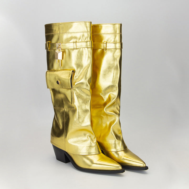 Femme Over-knæet Metallic Blokhæl Mode Støvler Stilla