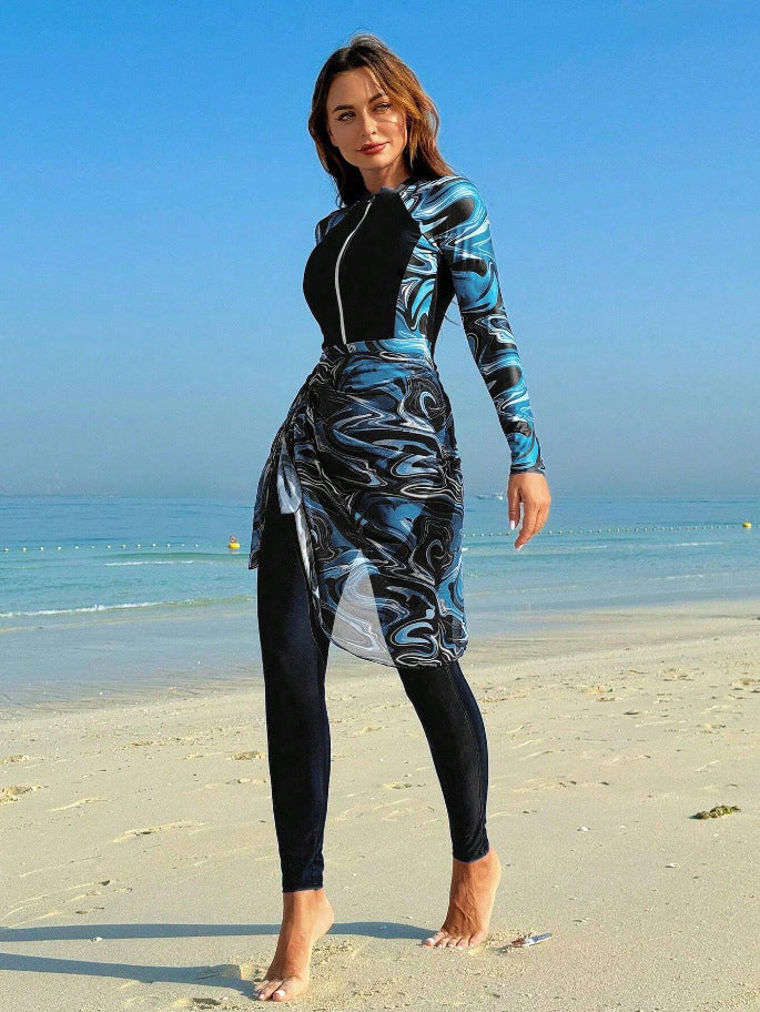 Dame Sporty Langærmet Badedragt med Integreret Wrap Skirt Skovae