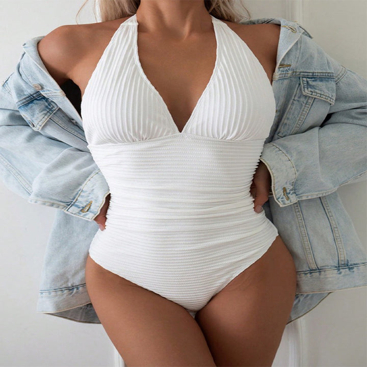 Dame Elegant V-Hals Enheds Badedragt med Rib-design Skovae