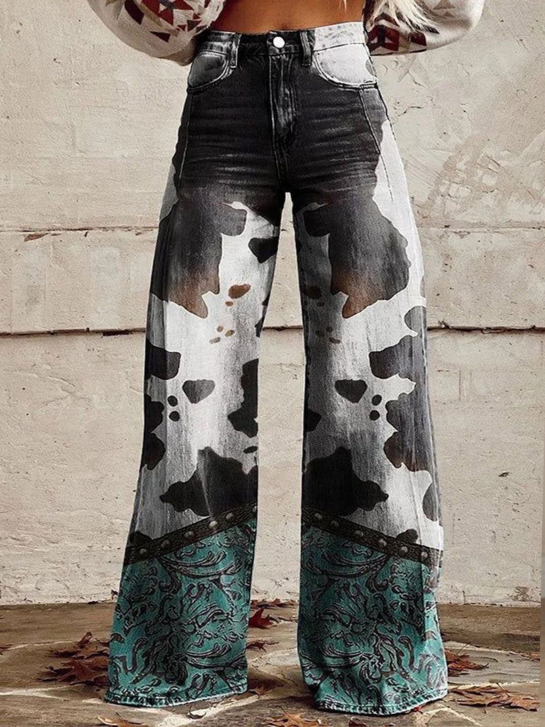 Dame brede jeans med unikt københavnmønster og elegant kant Stilla