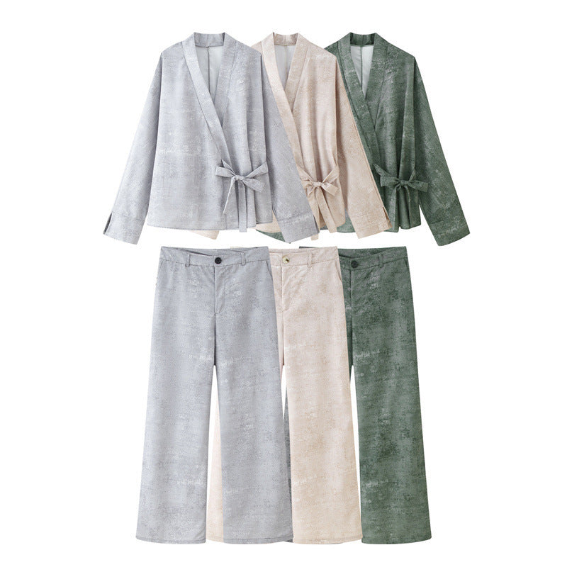 Femme Elegante Wrap Blouse og Wide Pants Sæt Stilla