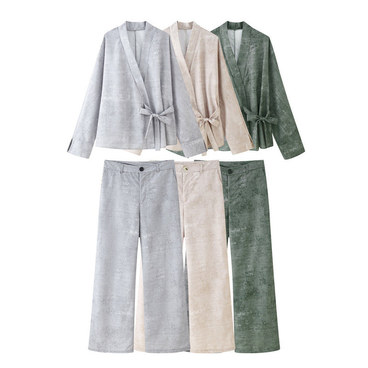 Femme Elegante Wrap Blouse og Wide Pants Sæt Stilla