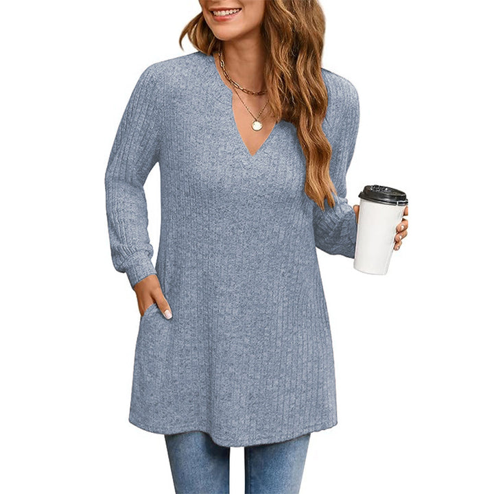 Dame strikpullover med V-hals og sidelommer Stilla