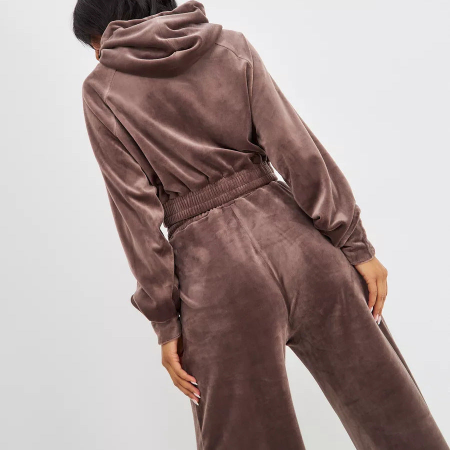 Dame fritids-velour sæt med figursyet hoodie og rummelige bukser Stilla