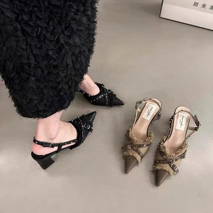 Dame Elegant Spidsed Tå Slingback Pumps med Blokhæl Stilla