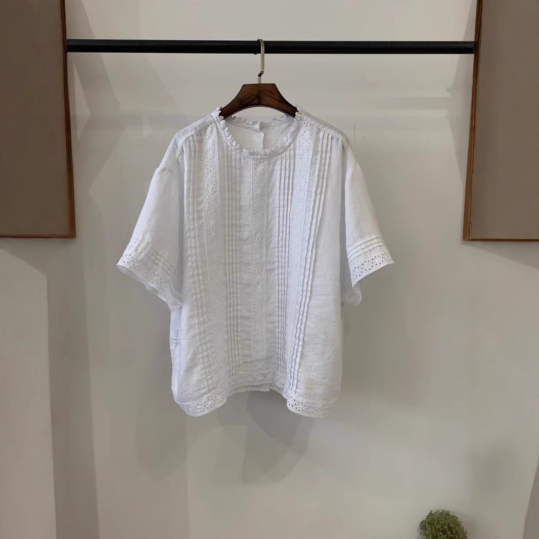 Femme Textured Kortærmet Bluse med Spidsekant Stilla