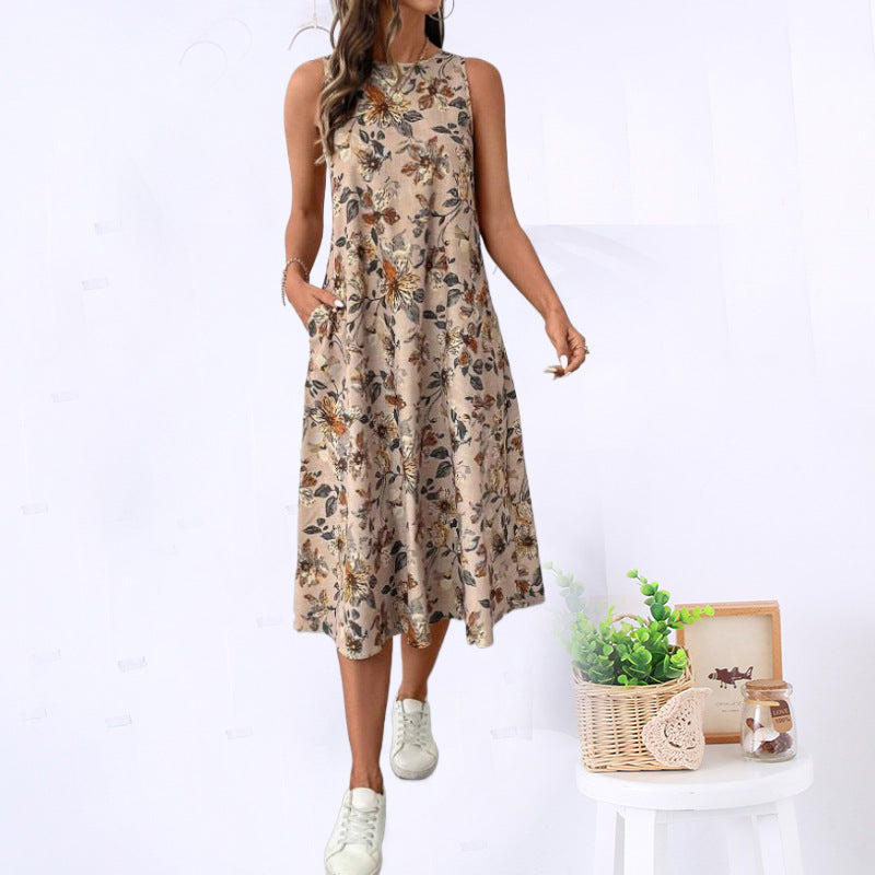 Dame Floral Print Midi Kjole med Sidelommer Stilla