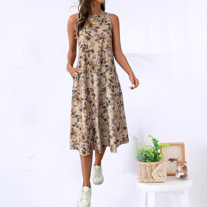 Dame Floral Print Midi Kjole med Sidelommer Stilla