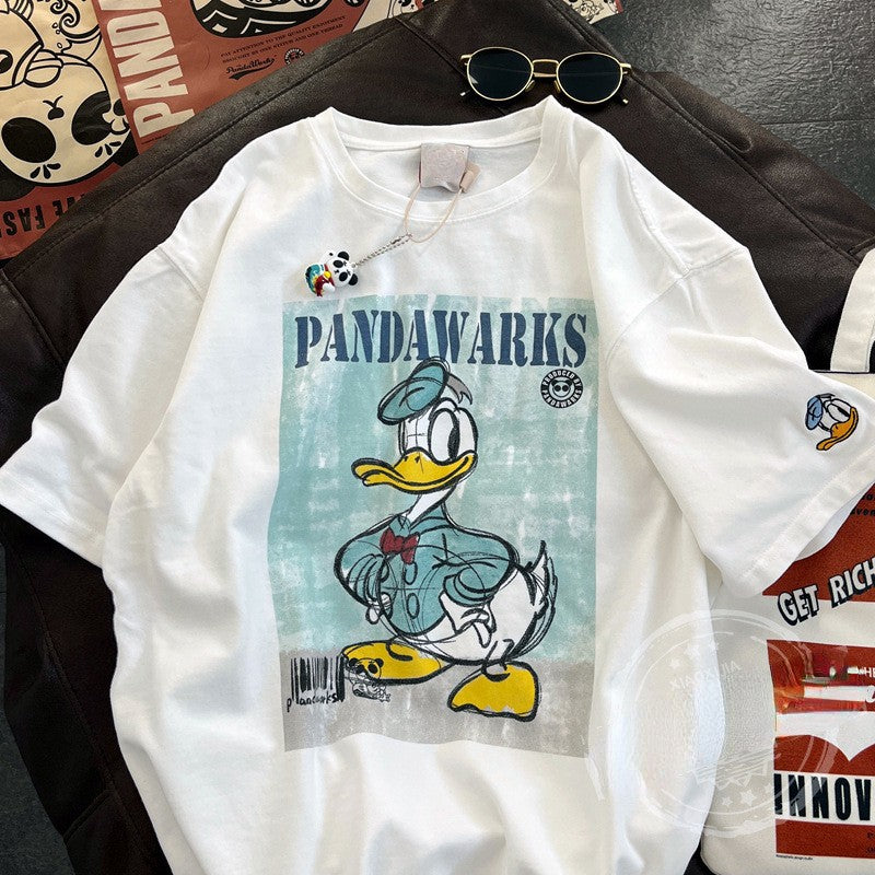Dame T-shirt i vintage-look med kreativt cartoon-tryk Stilla