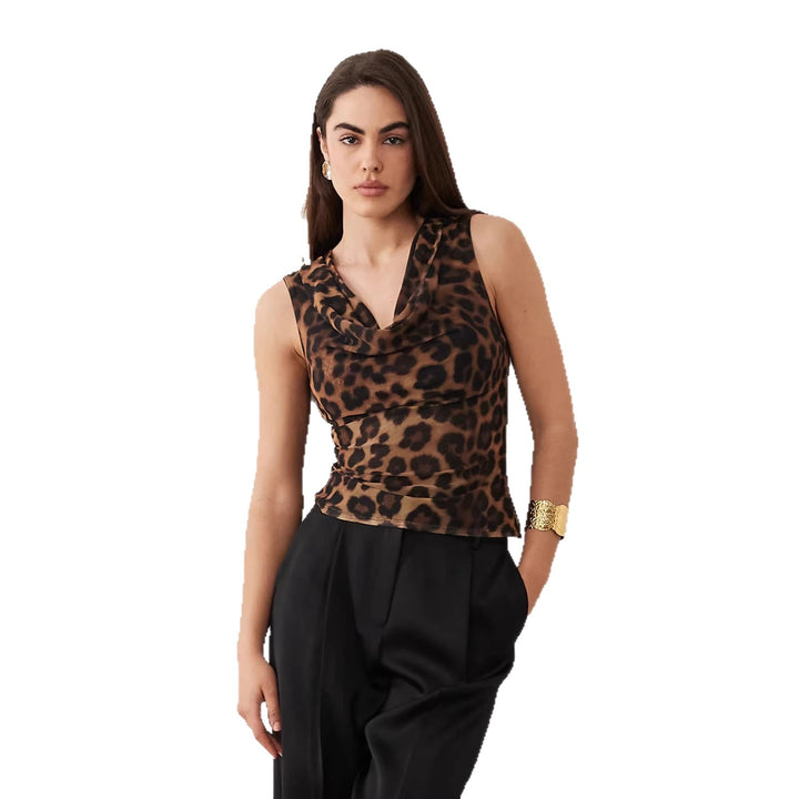 Dame Cowl-Neck Top med leopardmønster og tætsiddende snit Skovae