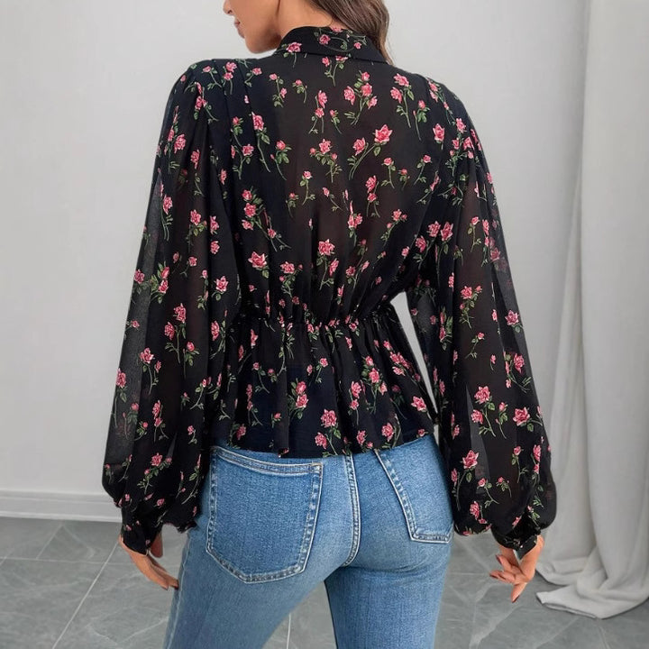 Dame blomsterprintet bluse med puffærmer Stilla