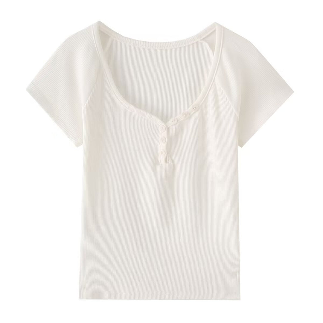 Dame afslappet kortærmet Henley-T-shirt med raffinerede knapdetaljeringer Stilla