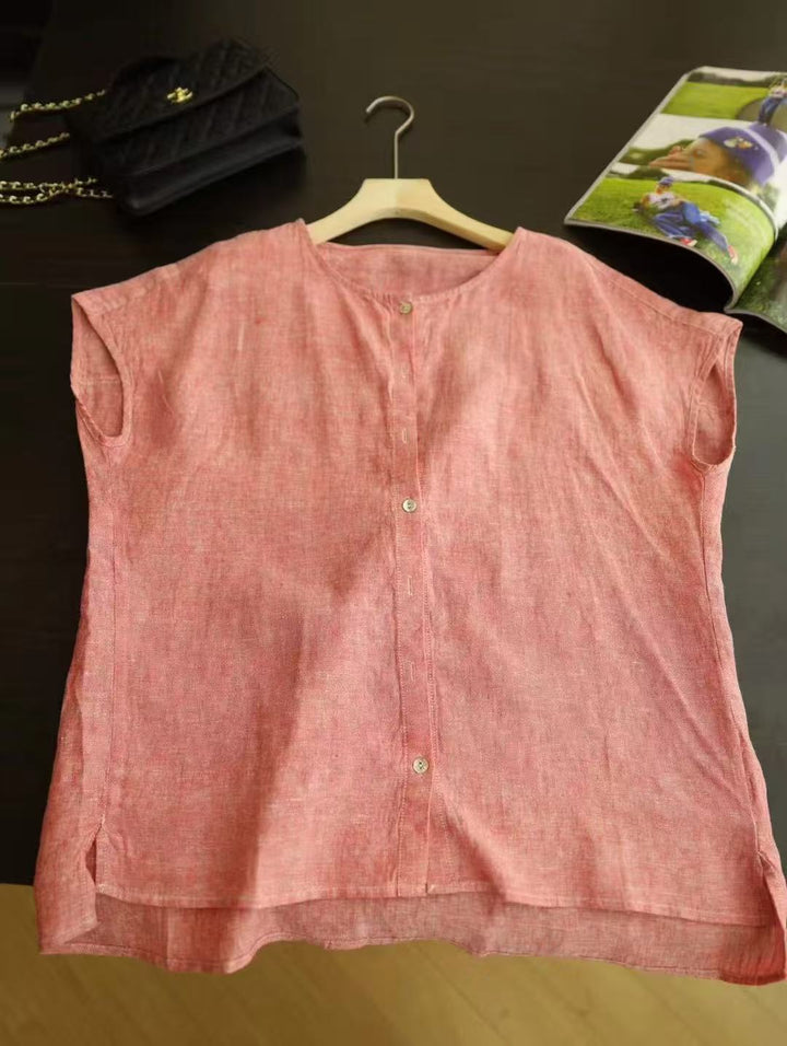 Femme Korte ærmer Knap-op Linned Bluse Stilla