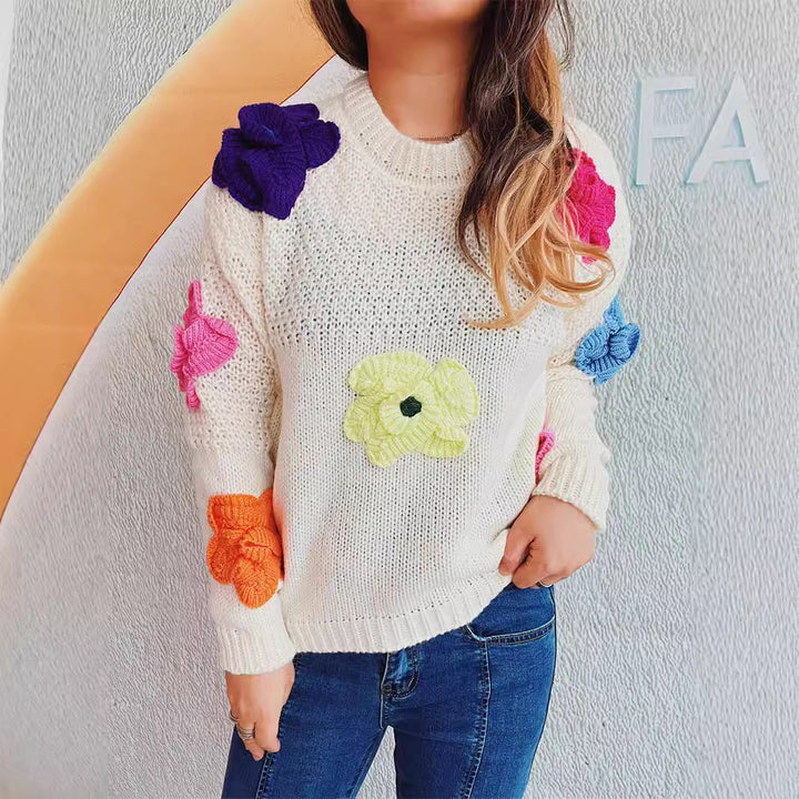 Kvinder afslappet sweater med farverige blomsterapplikationer Stilla