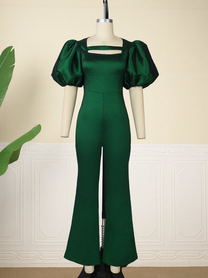 Dame elegant jumpsuit med puffærmer og kvadratisk uddybning Skovae
