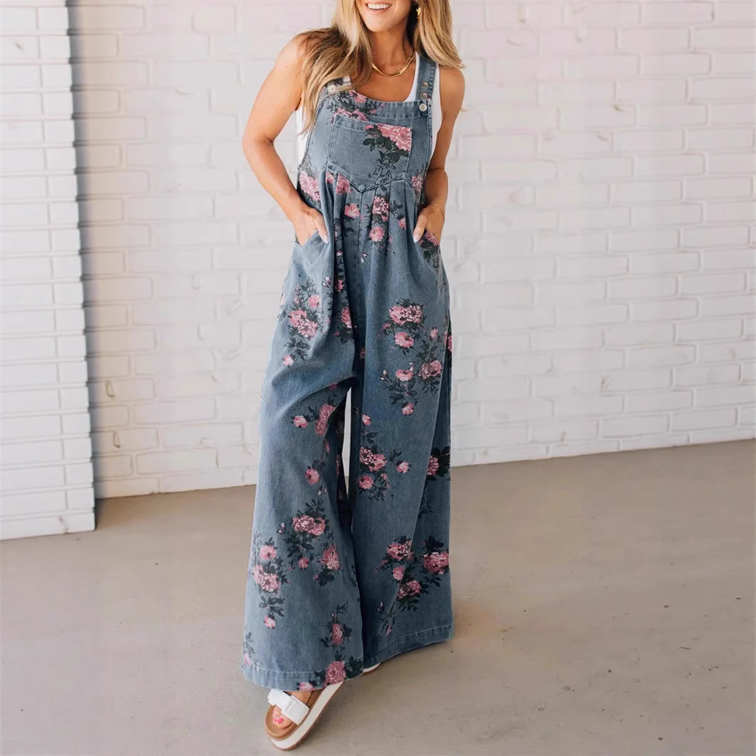 Dame Jeans-Overall med blomstret design og bred ben Stilla