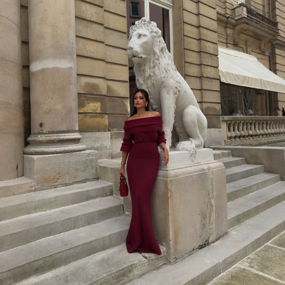 Kvinder Elegant Strikket Maxi Kjole med Off-Shoulder Design og Lange Ærmer Skovae