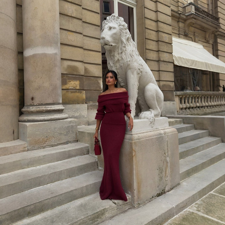 Kvinder Elegant Strikket Maxi Kjole med Off-Shoulder Design og Lange Ærmer Skovae