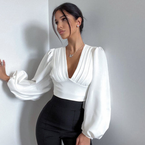 Dame elegant bluse med voluminøse puffærmer og V-udskæring Stilla