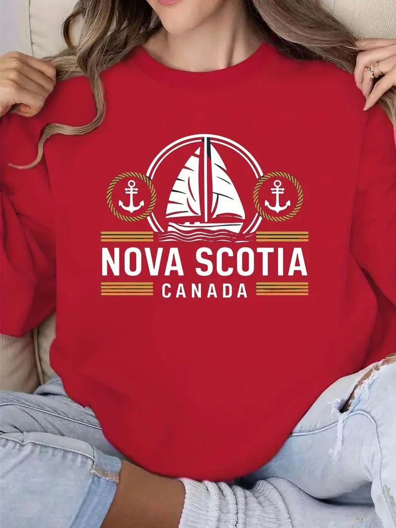 Kvinders sweatshirt med et maritimt sejl mønster og diskret Stilla bogstaver