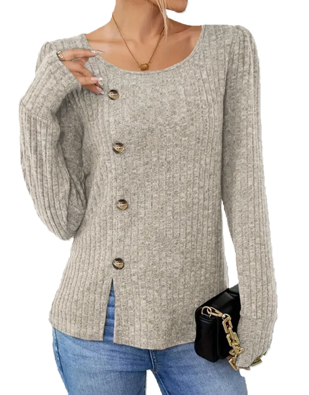 Dame finstrikket pullover med knaplukning og sidelommer Stilla