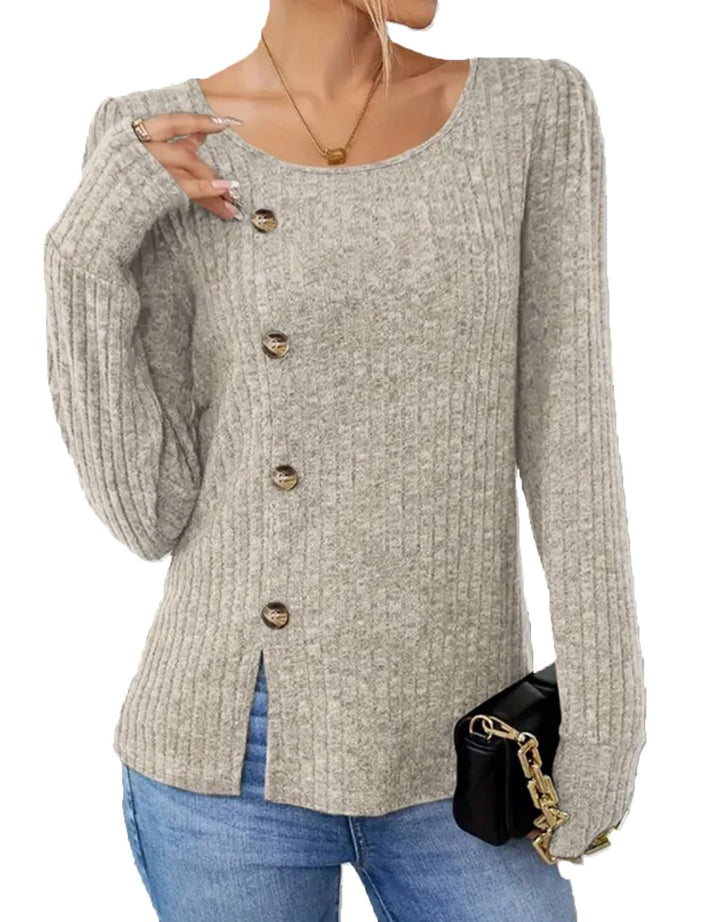 Dame finstrikket pullover med knaplukning og sidelommer Stilla