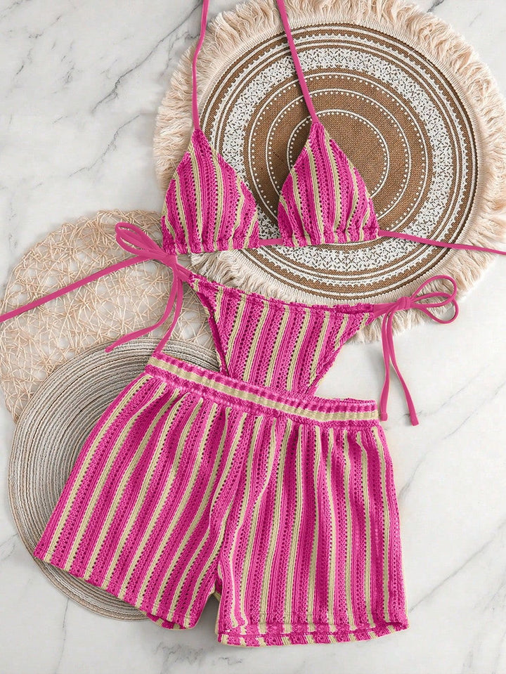 Dame bikini-sæt med rynket top og højtaljede shorts Skovae