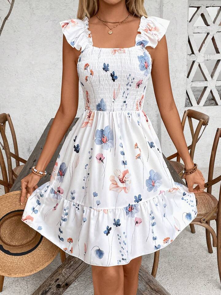 Dame Smocked Floral Ruffle Mini Kjole Stilla