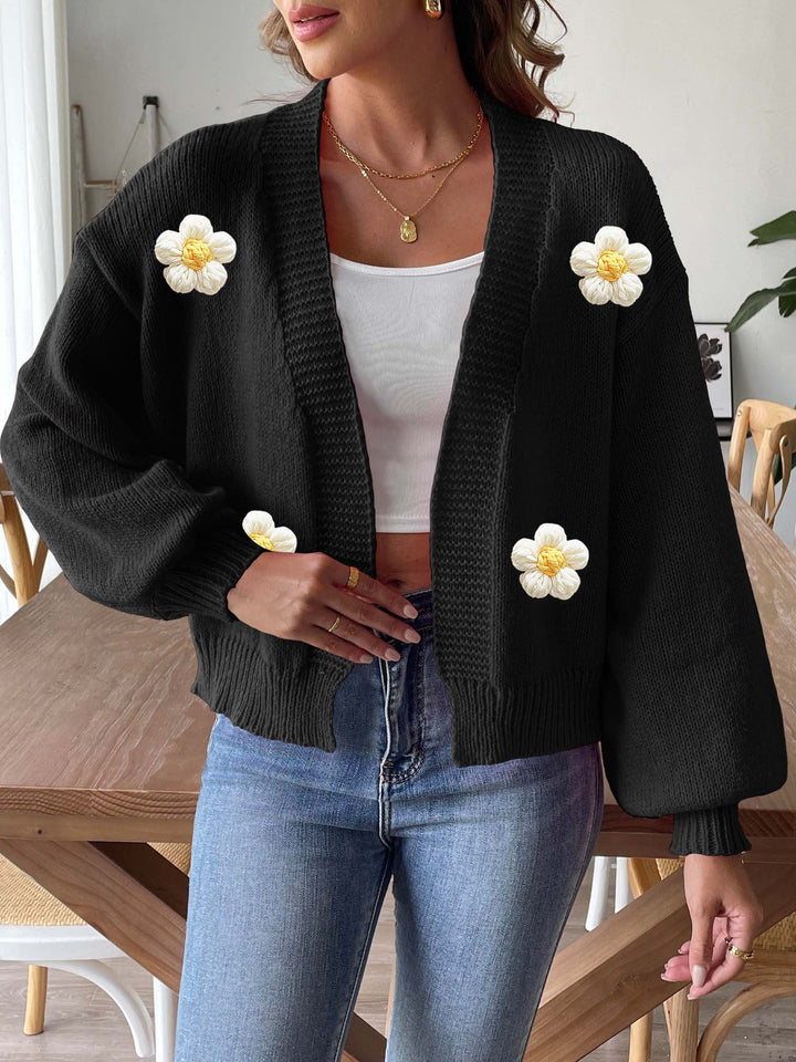 Dame grovstrikket jakke med blomsterdesign Stilla