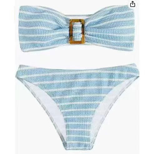 Dame stribet bandeau-bikini-sæt med dekorativ spænde Stilla