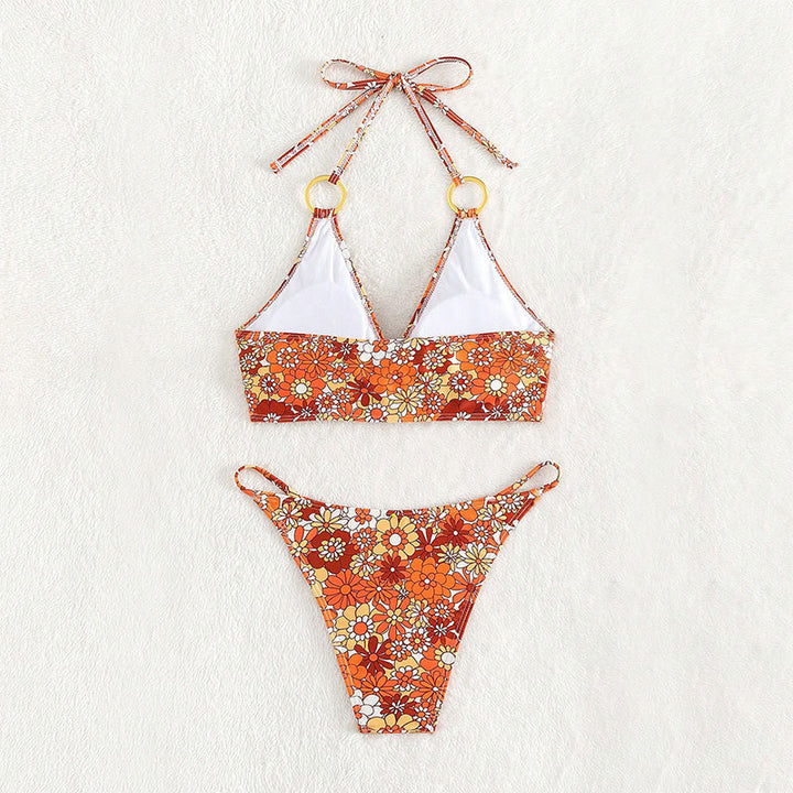 Dame triangel-bikini med blomstermønster og raffinerede ringdetaljer Skovae