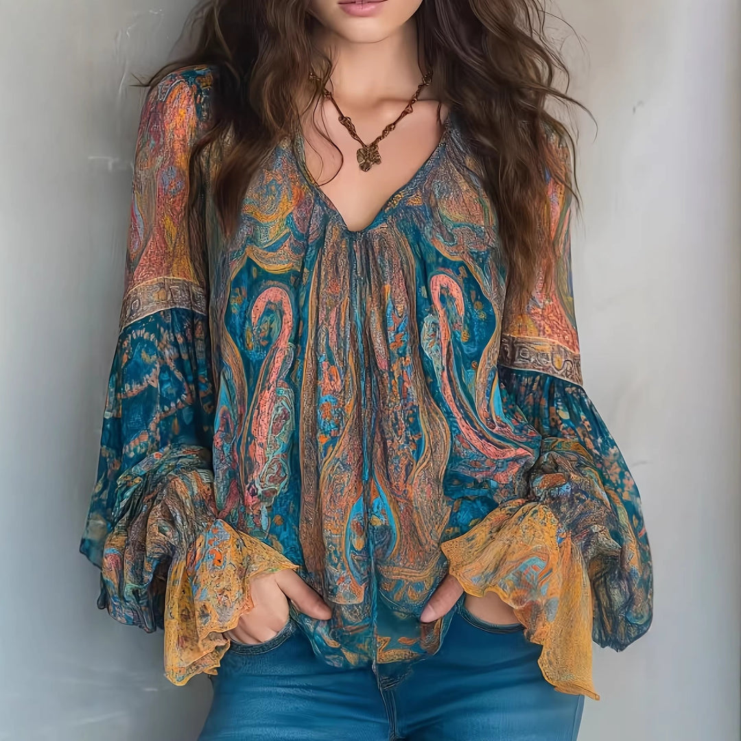 Dame Boho-Chic Bluse med flammende ærmer og V-hals Skovae