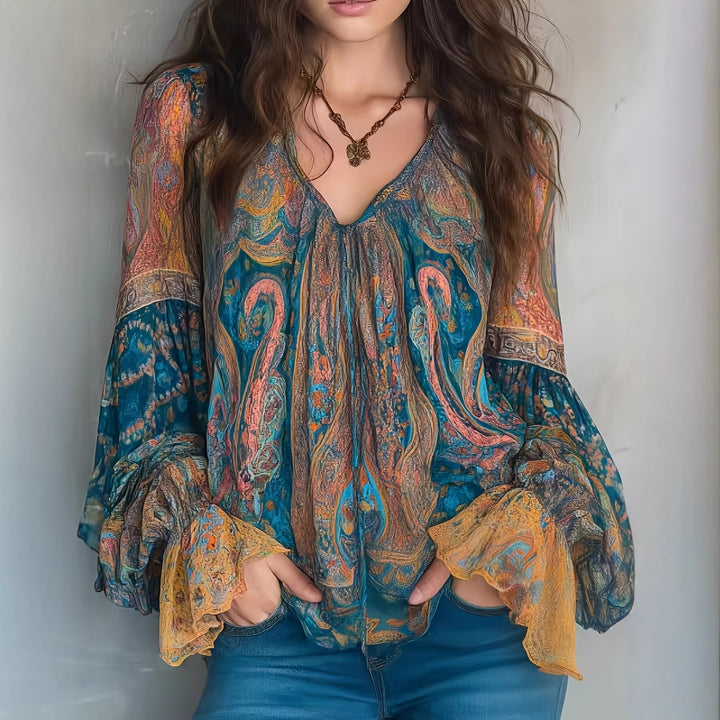 Dame Boho-Chic Bluse med flammende ærmer og V-hals Skovae